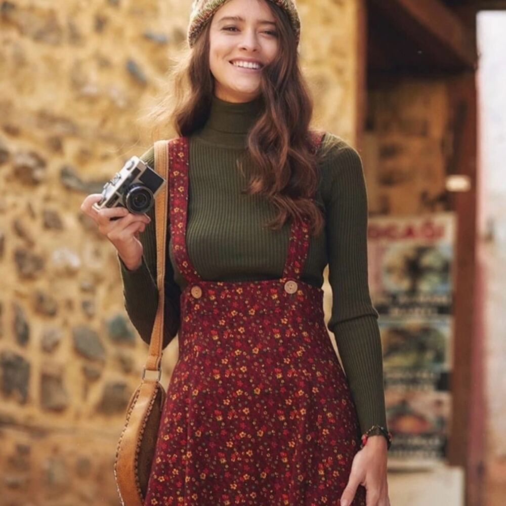 Floral Organic Cotton Pinafore Burgundy Dress, Adjustable Suspender Mini Dress L - Picture 7 of 12